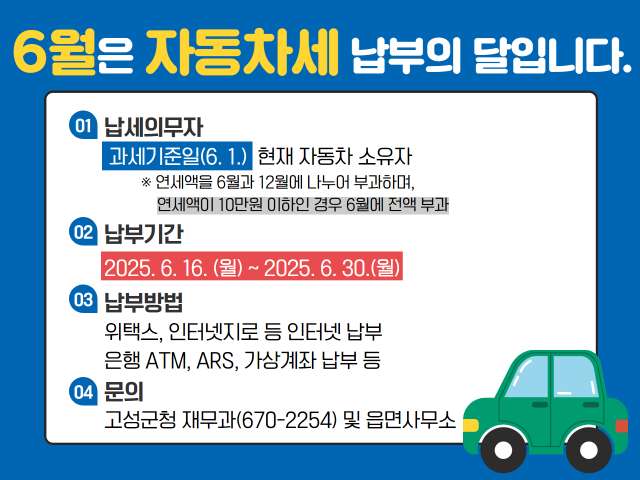 경남 고성군, 6월은 자동차세 납부의 달입니다!