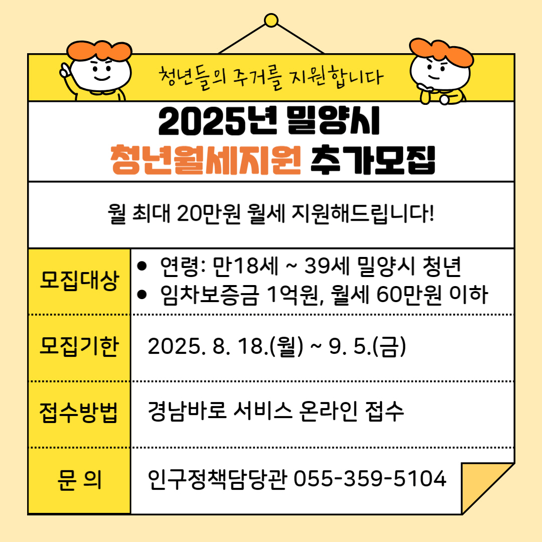 경남 밀양시, 청년 월세 지원사업 15명 추가 모집