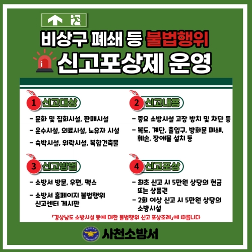 사천소방서, 비상구 폐쇄 등 신고 포상제 운영