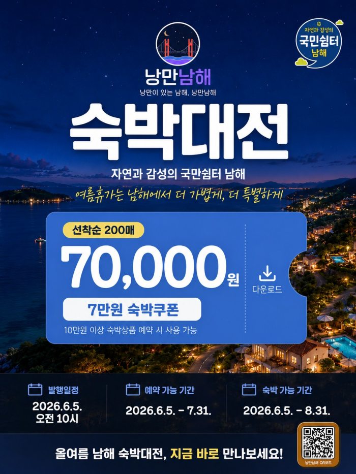 경남 남해 여행, 숙박비 부담은 줄이고 쉼은 더 크게「낭만남해 숙박대전 통해 7만 원 할인쿠폰」제공