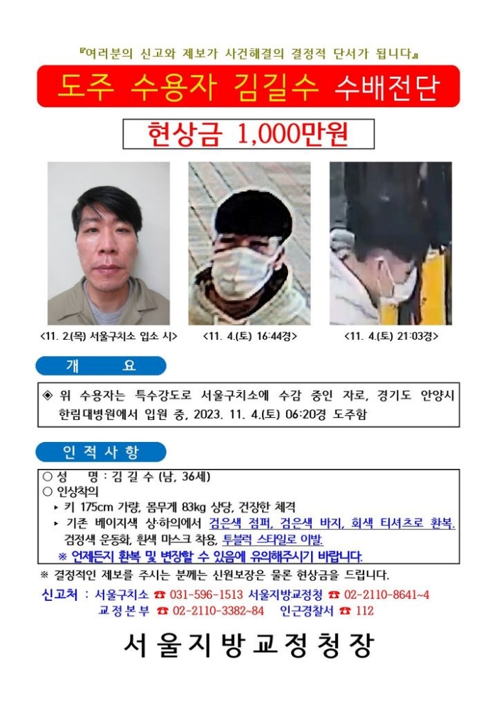 김길수 「현상금 1000만원」으로 상향…언제든 변장 가능