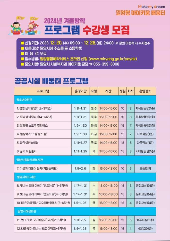 경남 밀양시, 아이키움 배움터와 함께 맞는 즐거운 겨울방학